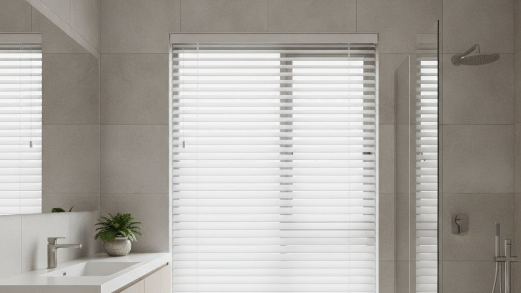 Faux-wood venetian blind on a Cape Town bathroom window for privacy