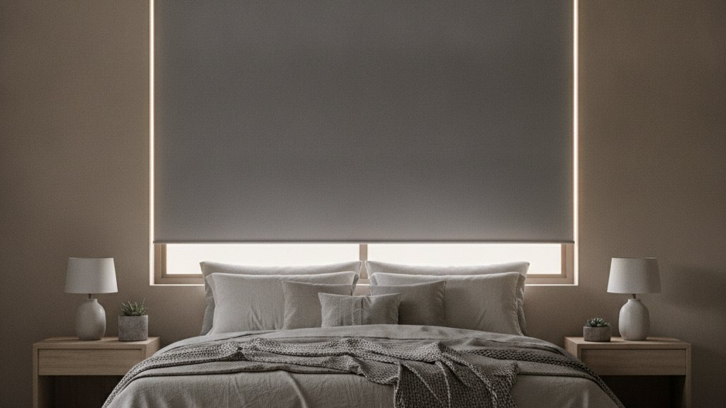 Blockout roller blind darkening a modern Cape Town bedroom