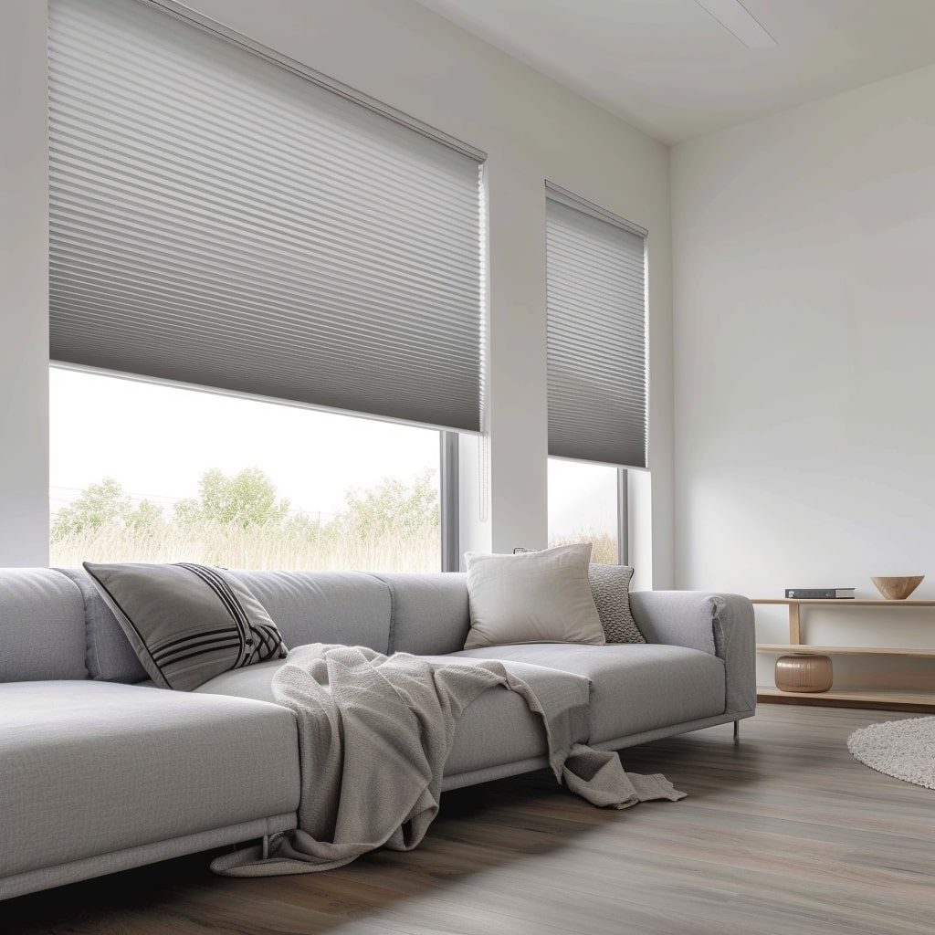 Half-lowered dim-out roller blind in a grey Cape Town lounge