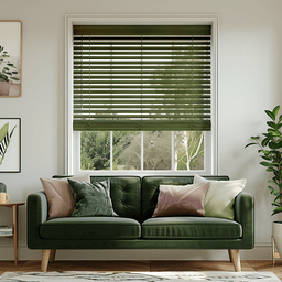 Green faux-wood venetian blinds above a green velvet sofa