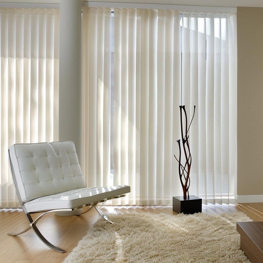 Floor-to-ceiling vertical blinds in a minimalist Cape Town interior