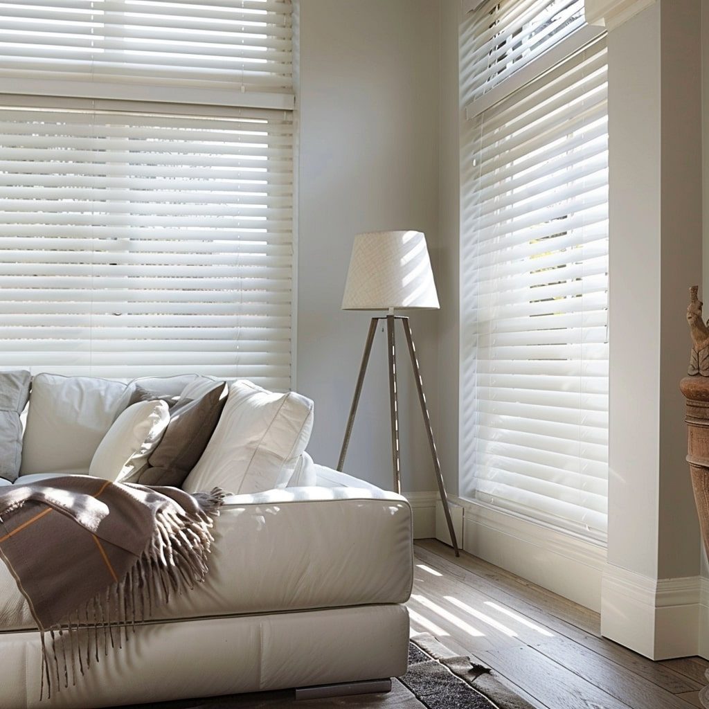 Grey venetian blinds with slats tilted for light control
