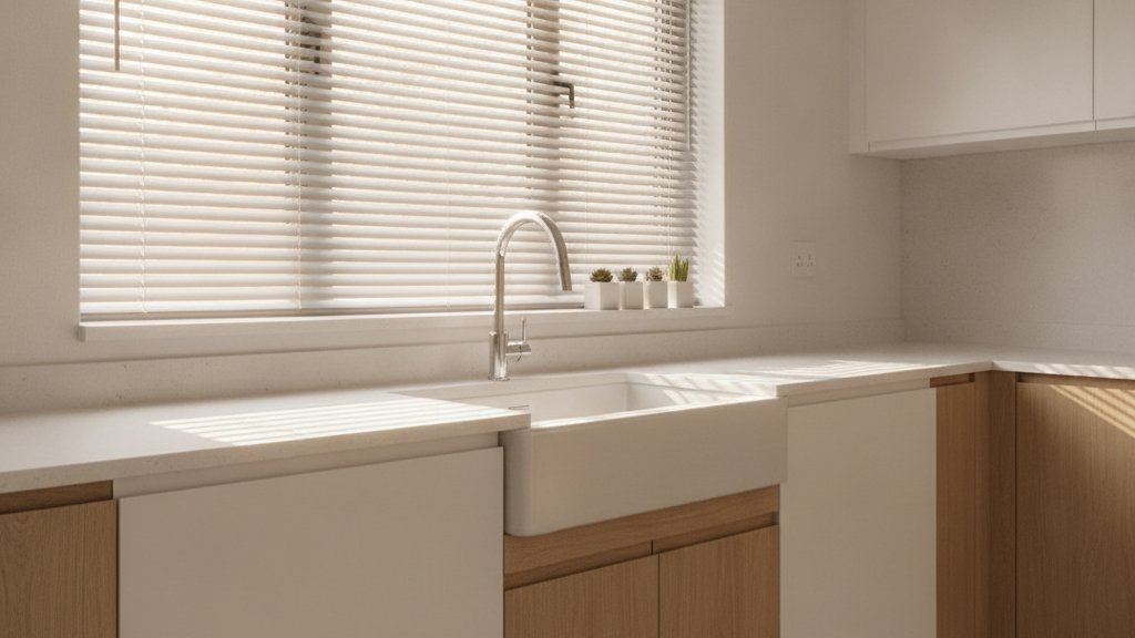 Aluminium venetian blinds above the sink in a bright modern Cape Town kitchen