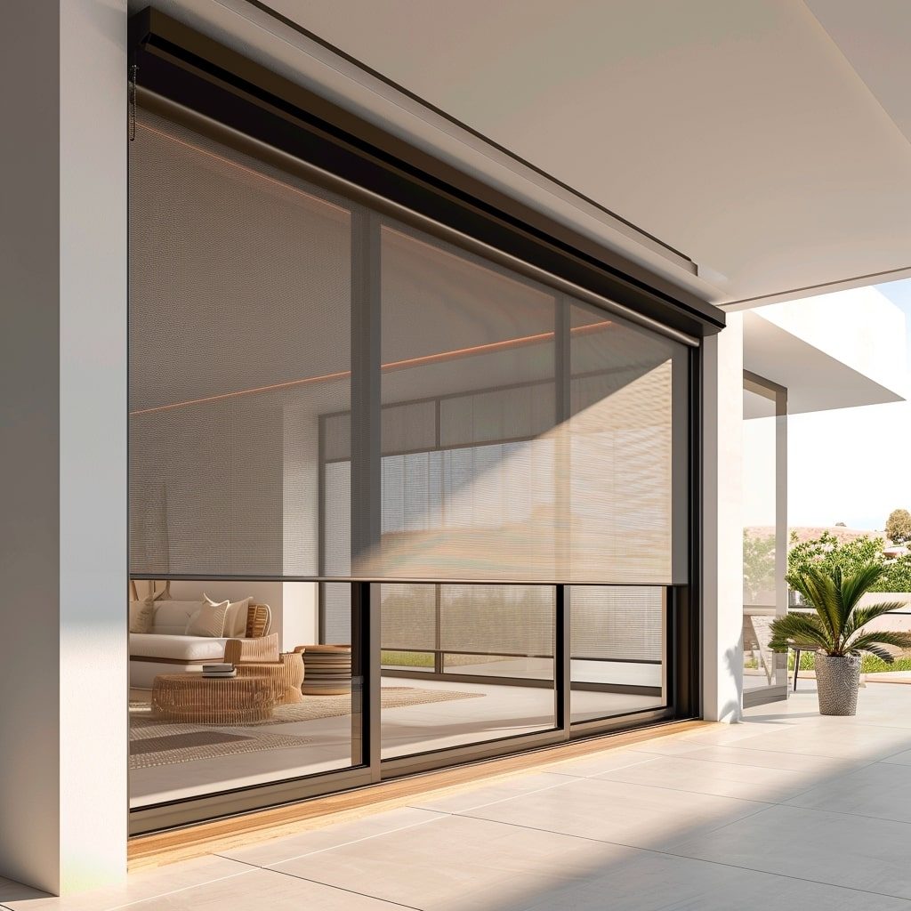 Large blind covering a sliding patio door, a prime candidate for motorisation