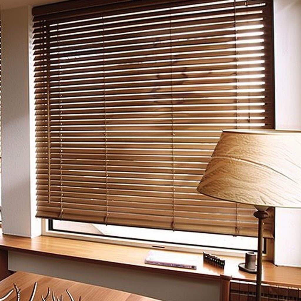 Natural bamboo blinds beside a floor lamp in a warm interior