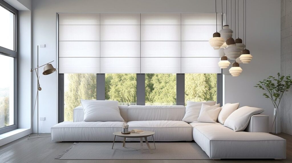 White roller blinds on a wide living room window in Cape Town