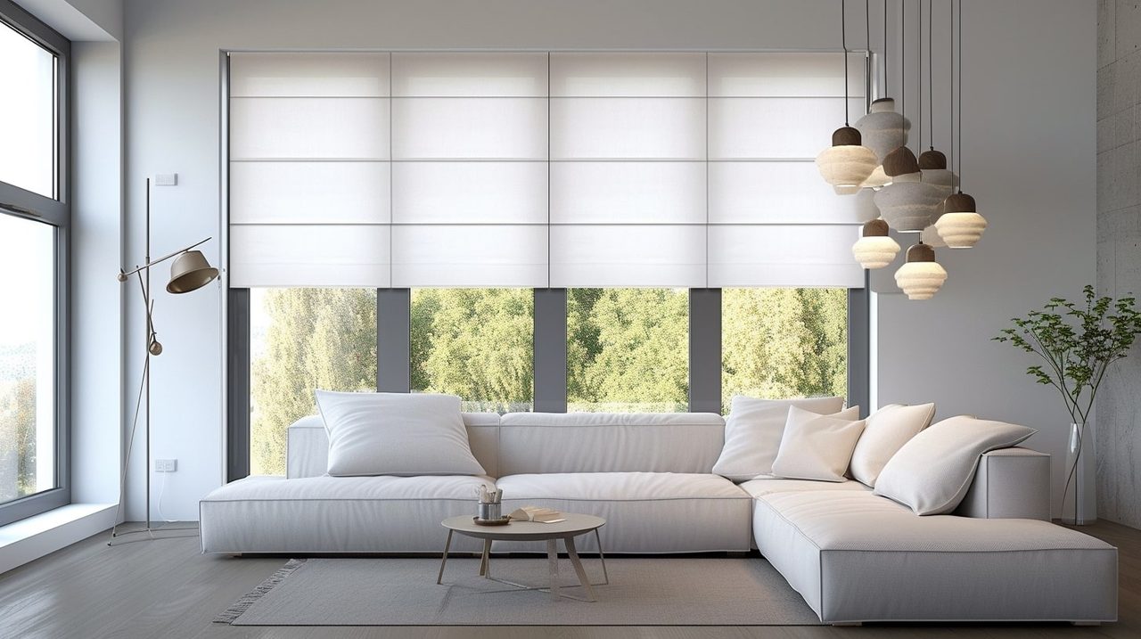 White roller blinds on a wide living room window in Cape Town