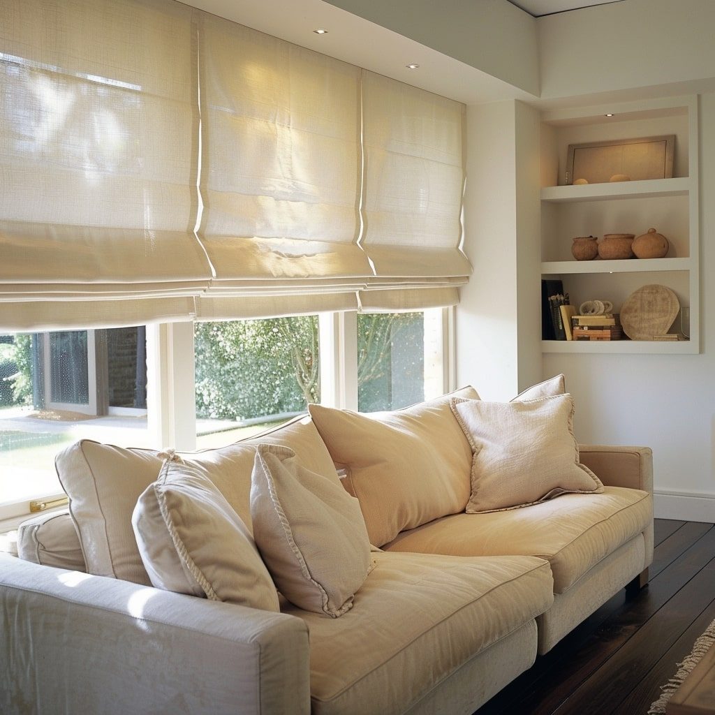 Cream roman blinds above a white corner sofa in a Cape Town living room