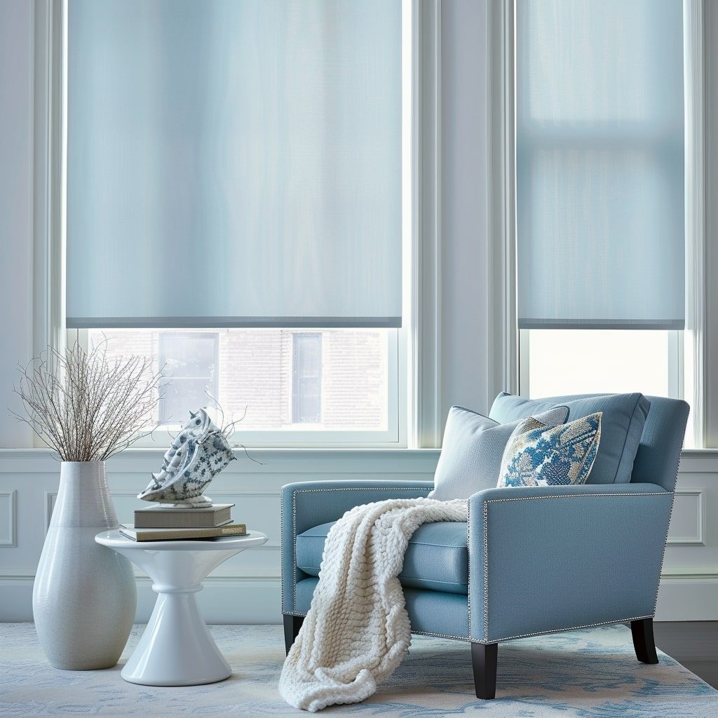Translucent roller blind behind a blue armchair in a Cape Town home