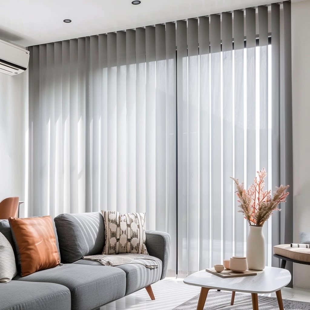 Sheer vertical blinds behind a grey couch in a Cape Town living room