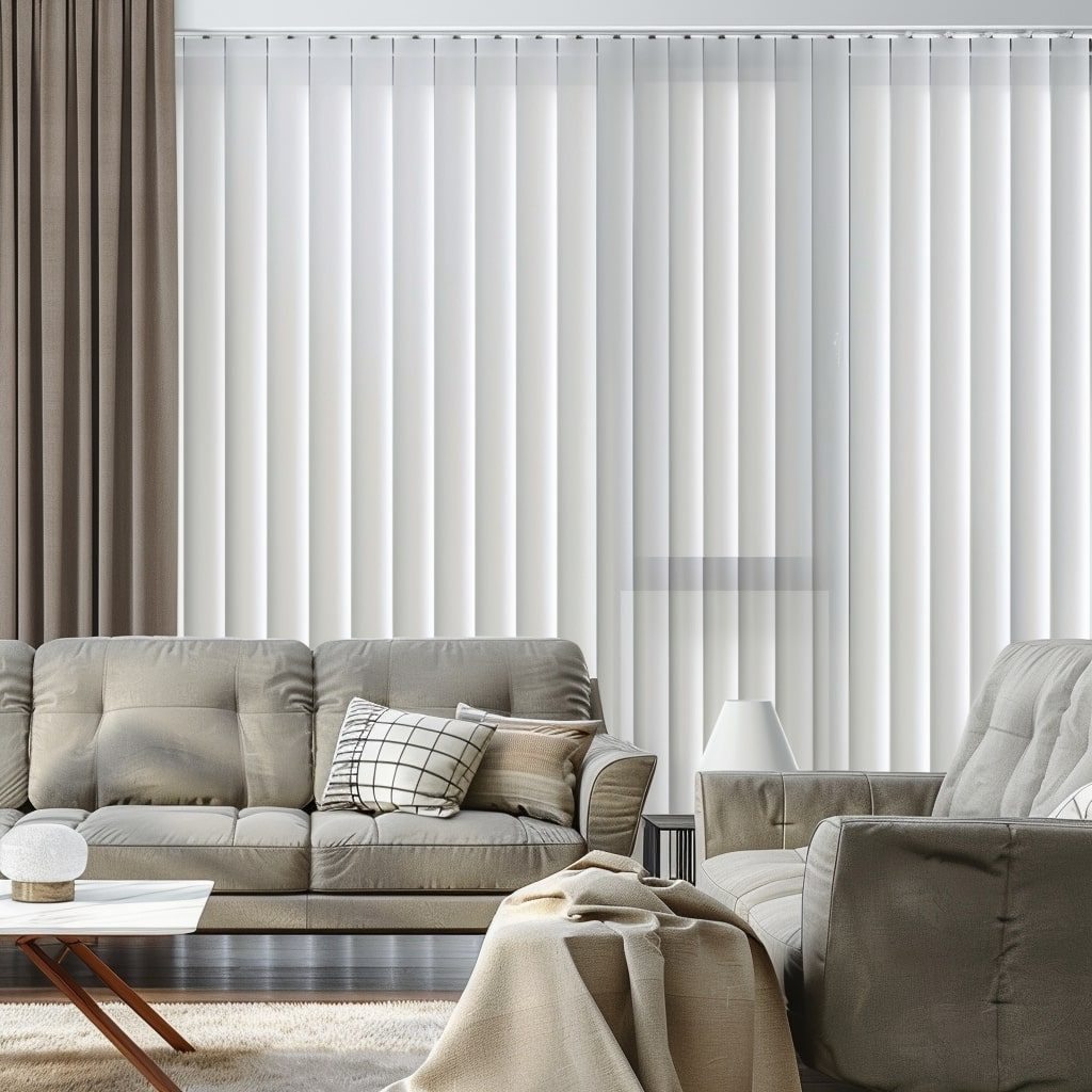 Vertical blinds diffusing light in an open-plan Cape Town lounge
