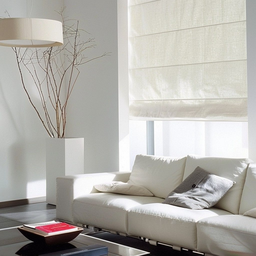 White roman blinds with tailored fabric folds beside a cream sofa