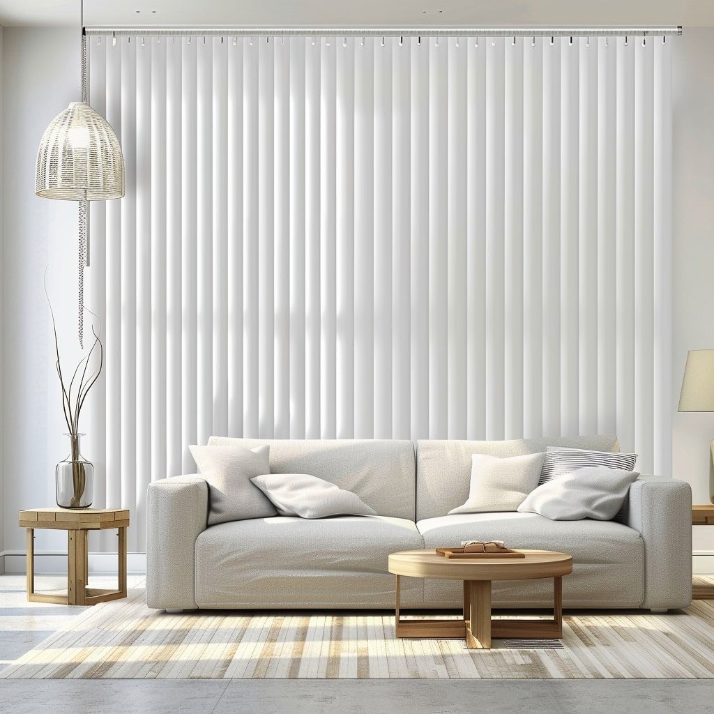 White vertical blind louvres on a wide window behind a beige sofa