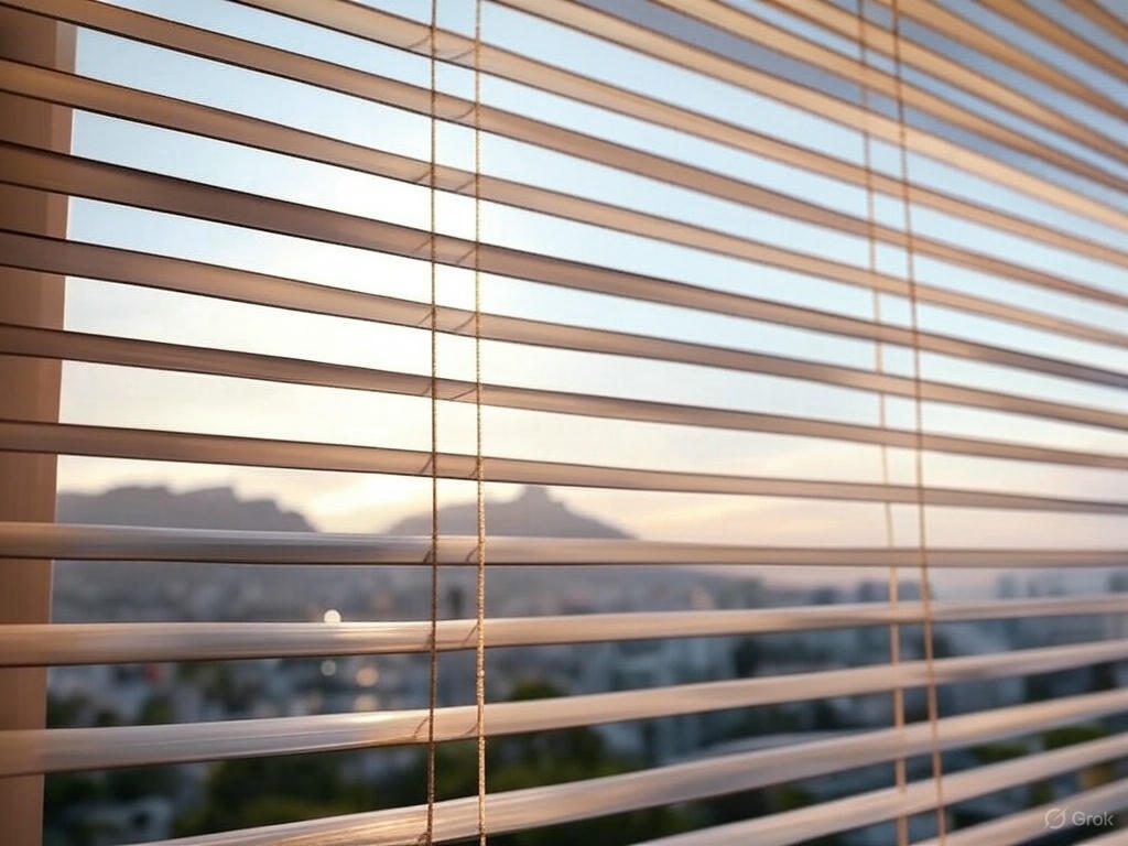 Wooden venetian blinds across a wide Cape Town window