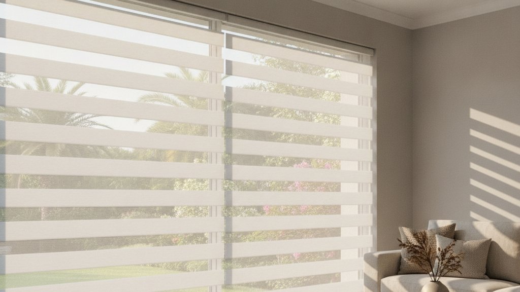 Zebra day-night blinds on a large Cape Town living-room window, alternating sheer and solid bands