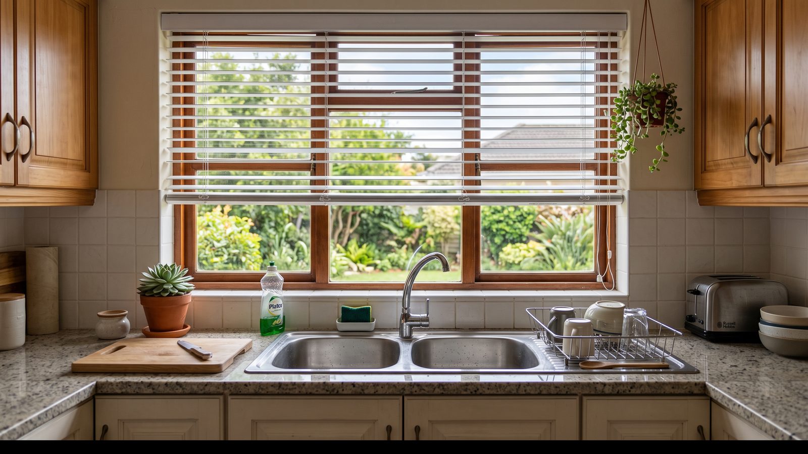 White aluminium venetian blinds with the slats tilted half open above a double sink