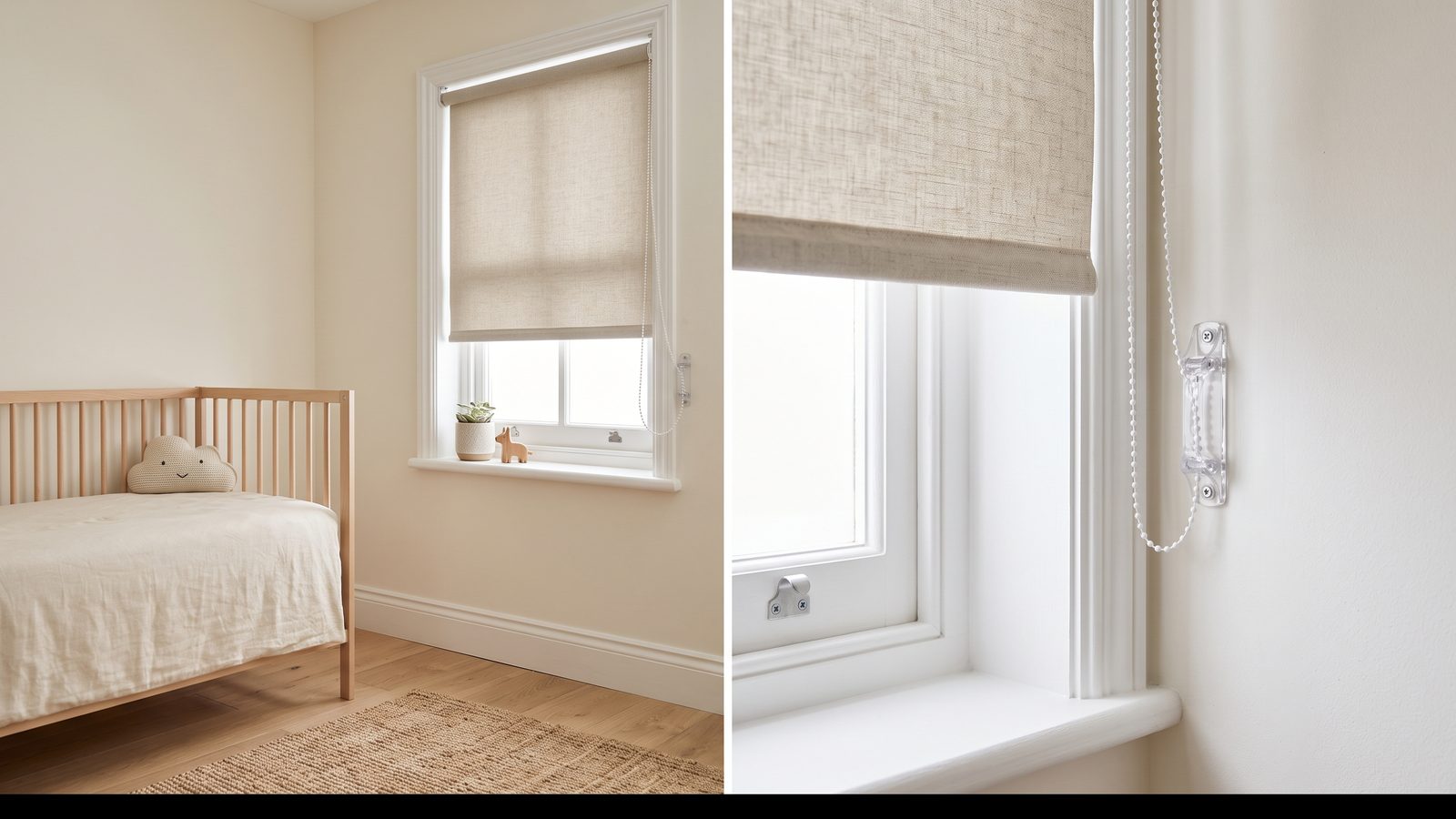 Roller blind chain secured in a wall-mounted safety tensioner beside a nursery window