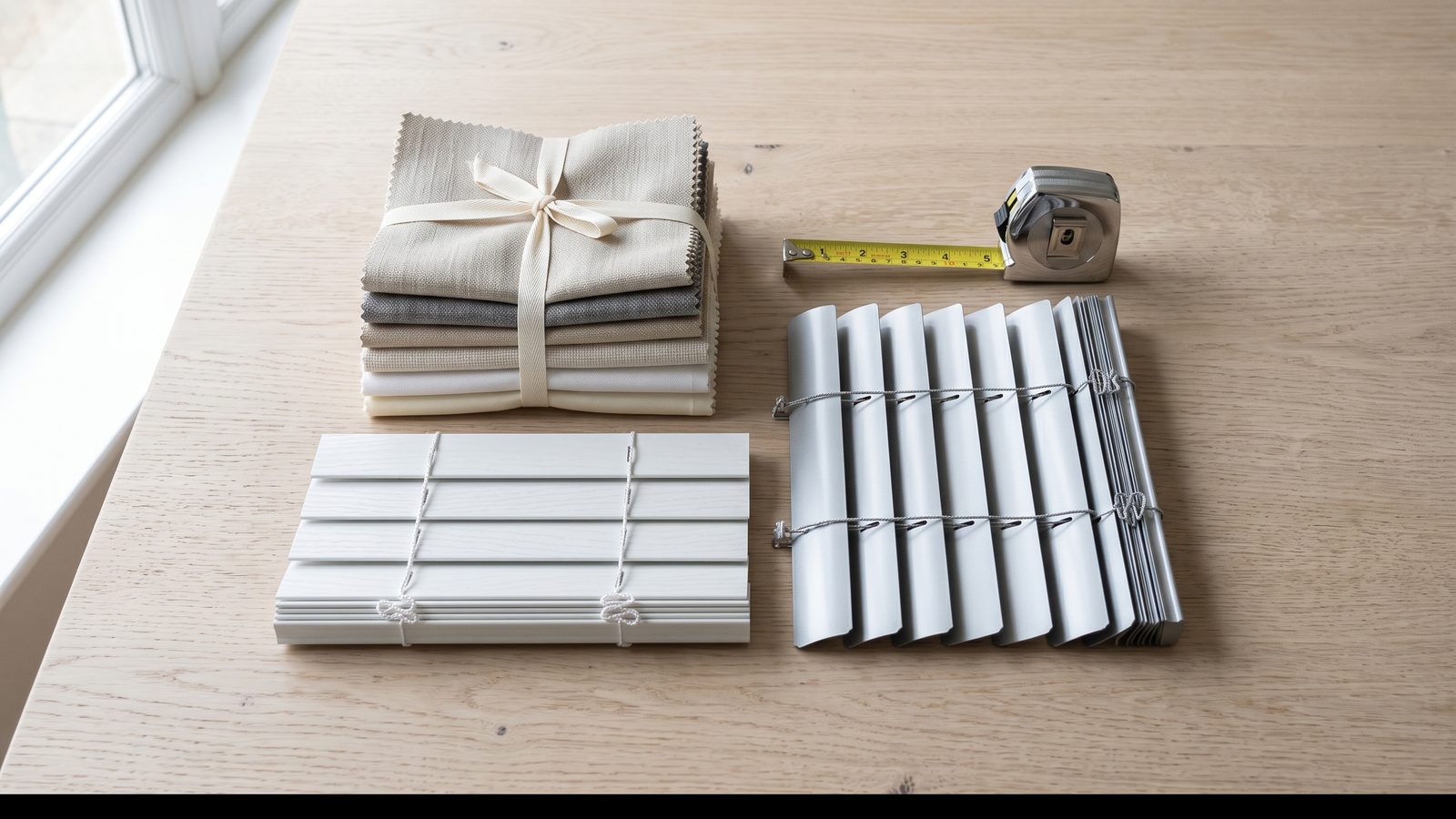 Roller blind fabric swatches, venetian slat samples and a tape measure laid out on a table