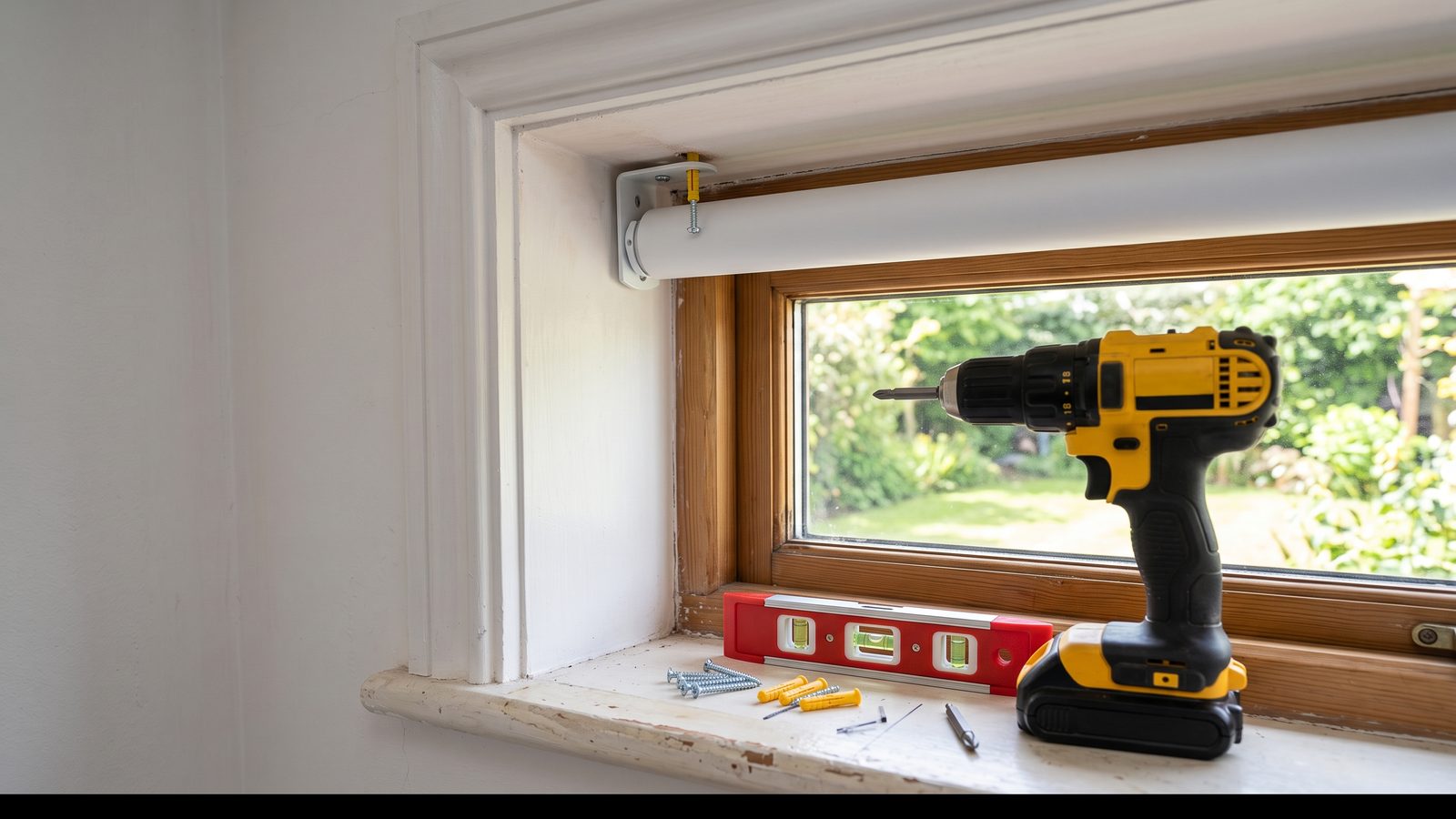 Roller blind bracket fixed into a window reveal with a drill and spirit level on the sill