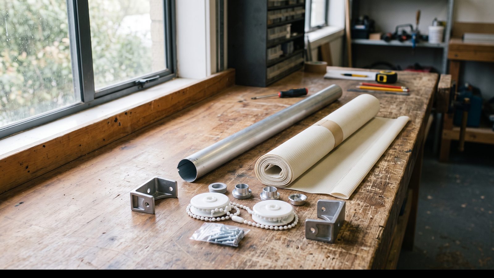 Roller blind tube, fabric roll and end brackets laid out on a workshop bench during assembly