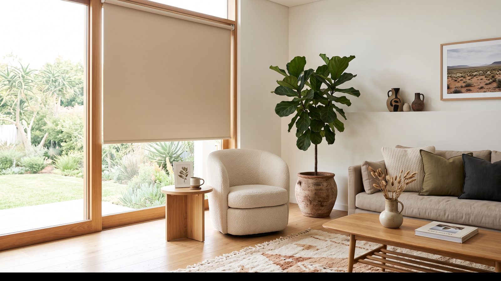 Contemporary warm-minimal South African lounge with a sand-coloured roller blind on a large window