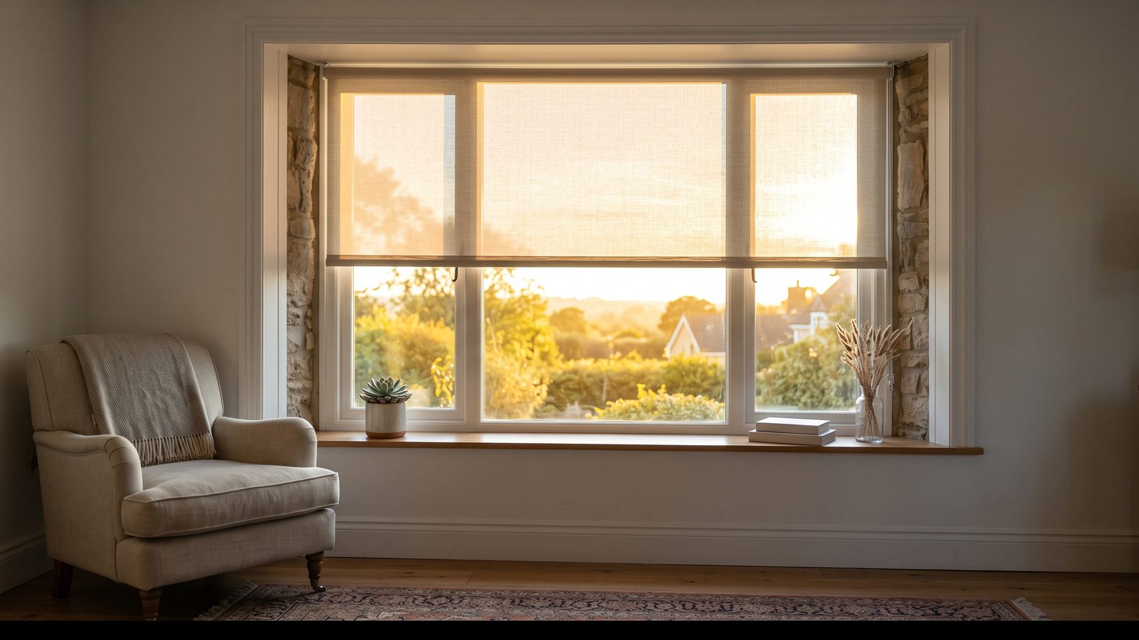 Light-coloured sunscreen roller blind lowered against strong afternoon sun on a west-facing window
