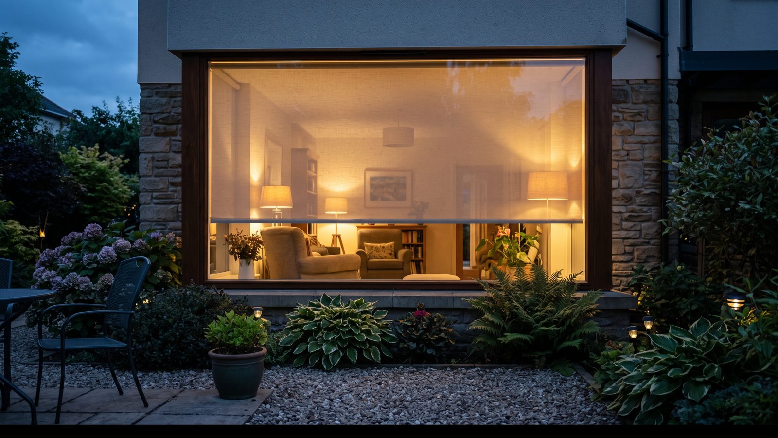 Sunscreen blind on a lit lounge window at dusk, showing how a sheer fabric reverses privacy after dark