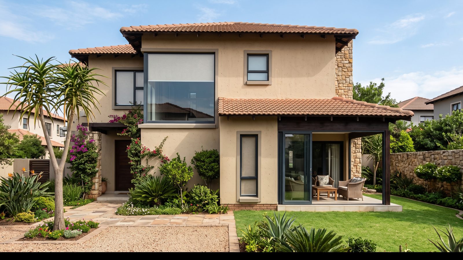 House elevation showing a picture window, narrow window, small high window and sliding door with blinds