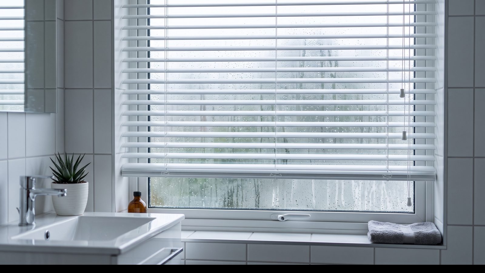 Condensation beaded on a bathroom window behind clean white aluminium venetian slats