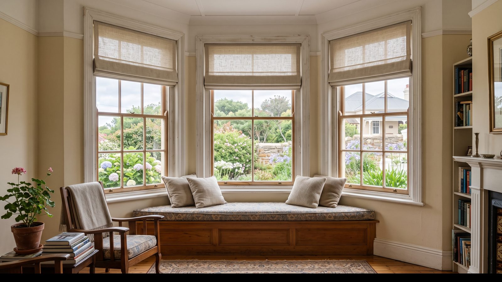 Three separate roller blinds fitted to the three facets of a bay window