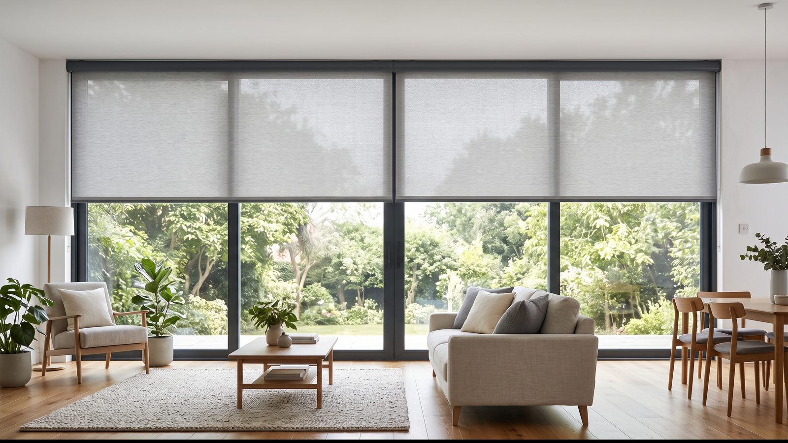 A very wide window covered by two matching roller blinds splitting the span evenly