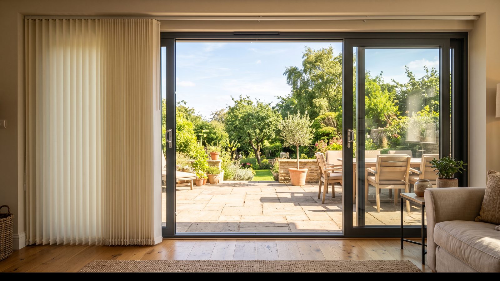 Vertical blind louvres stacked to one side of a wide sliding patio door opening onto a terrace