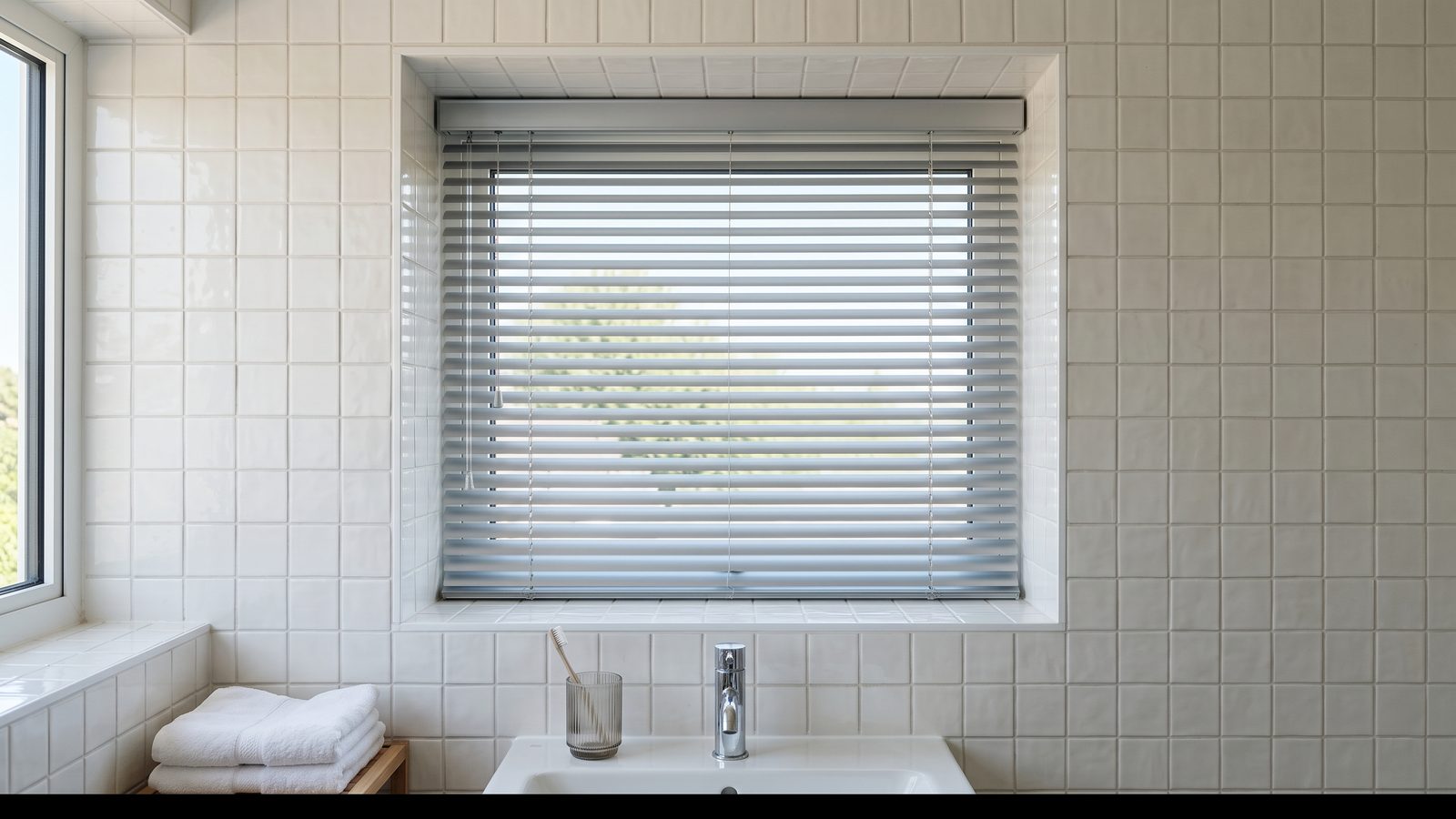 Narrow aluminium venetian blind fitted to a small high bathroom window