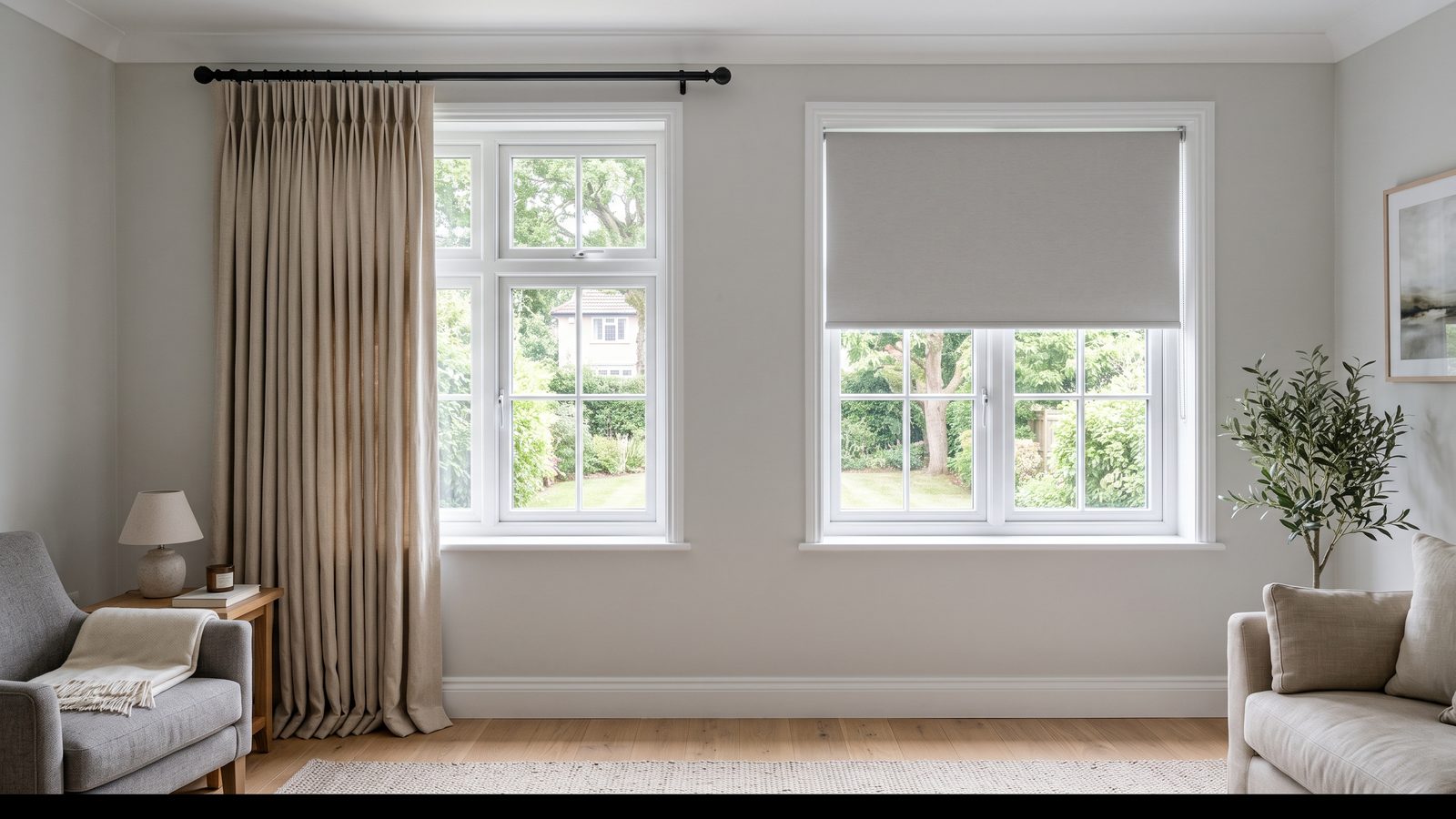 One room with curtains on the left window and a roller blind on the right window for comparison