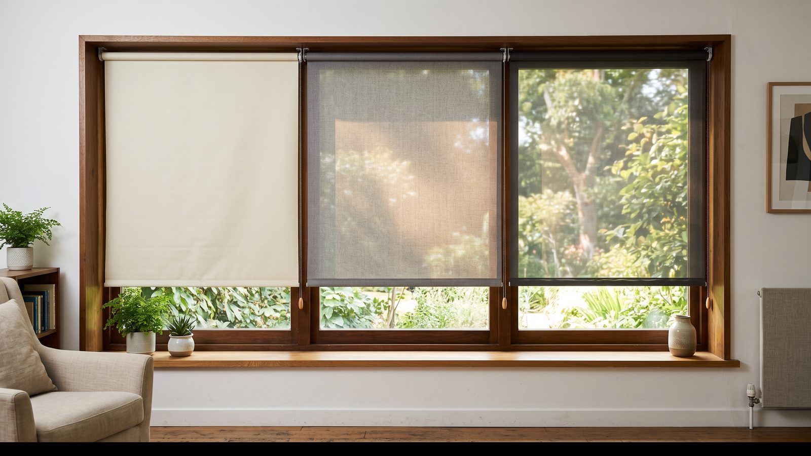 Three roller blinds on one window comparing blockout, dim-out and sunscreen fabric light transmission