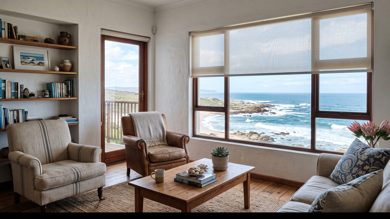 A light sunscreen roller blind half lowered on a wide sea-facing window