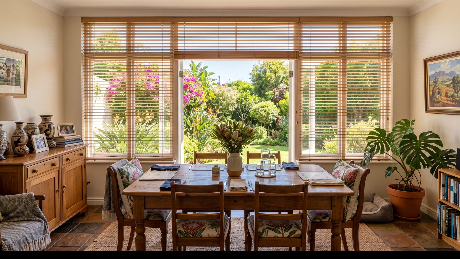 Warm basswood venetian blinds with wide slats across a garden-facing window