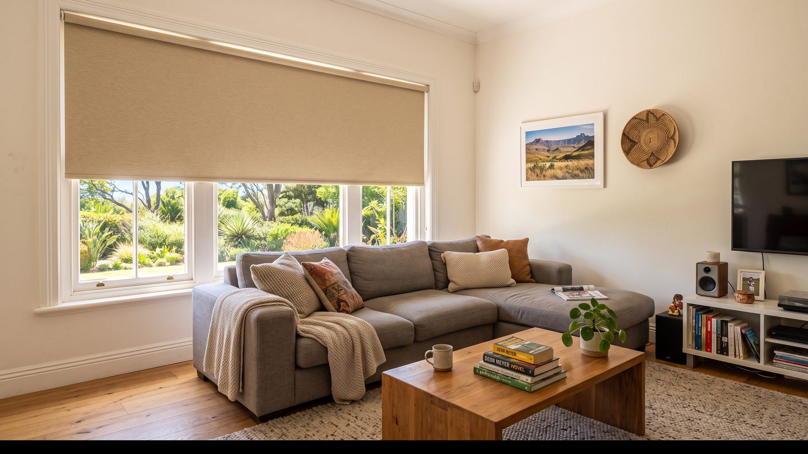 A sand-coloured dim-out roller blind lowered on a large north-facing window