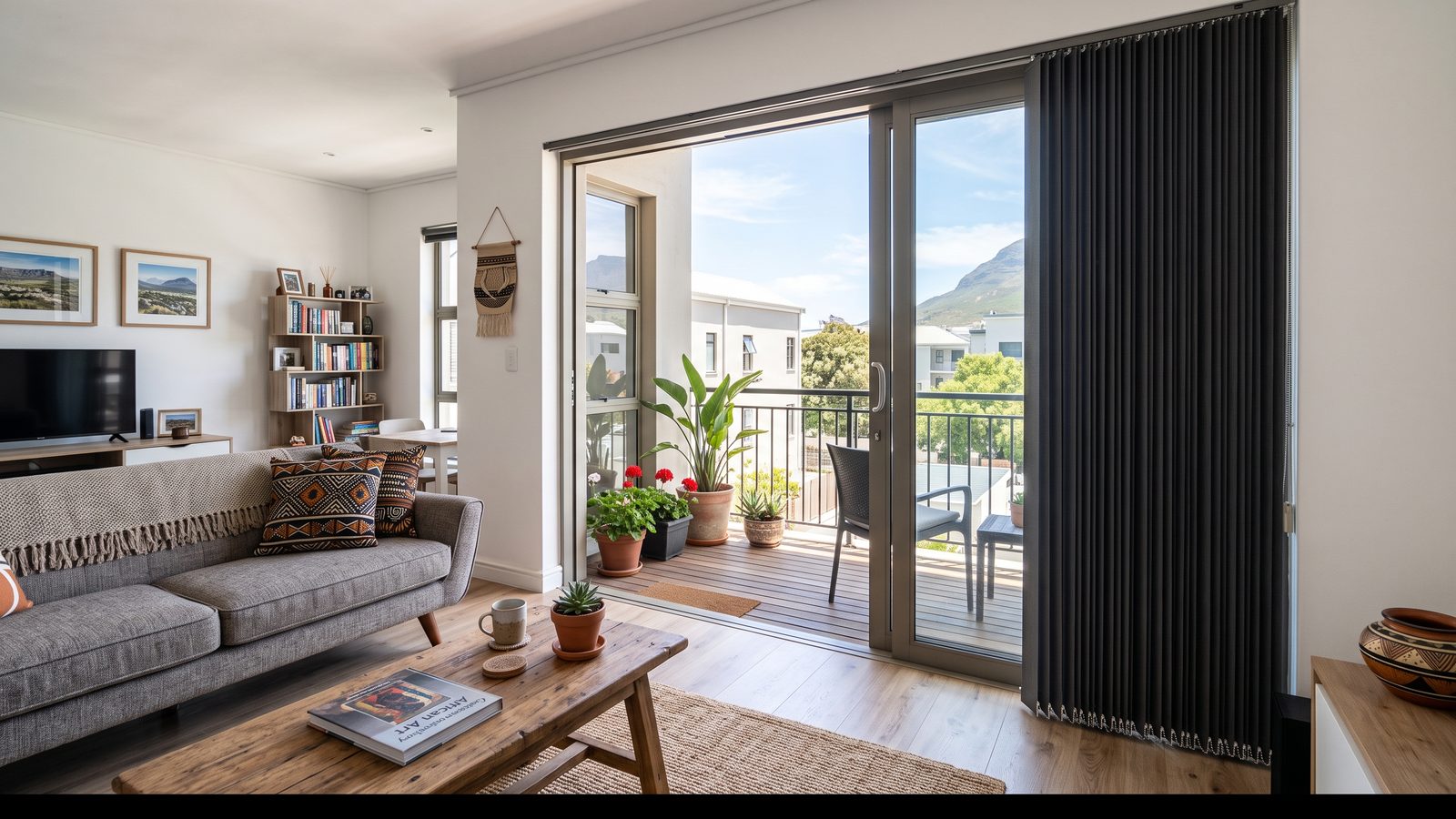 Full-height vertical louvre blinds stacked beside a sliding balcony door