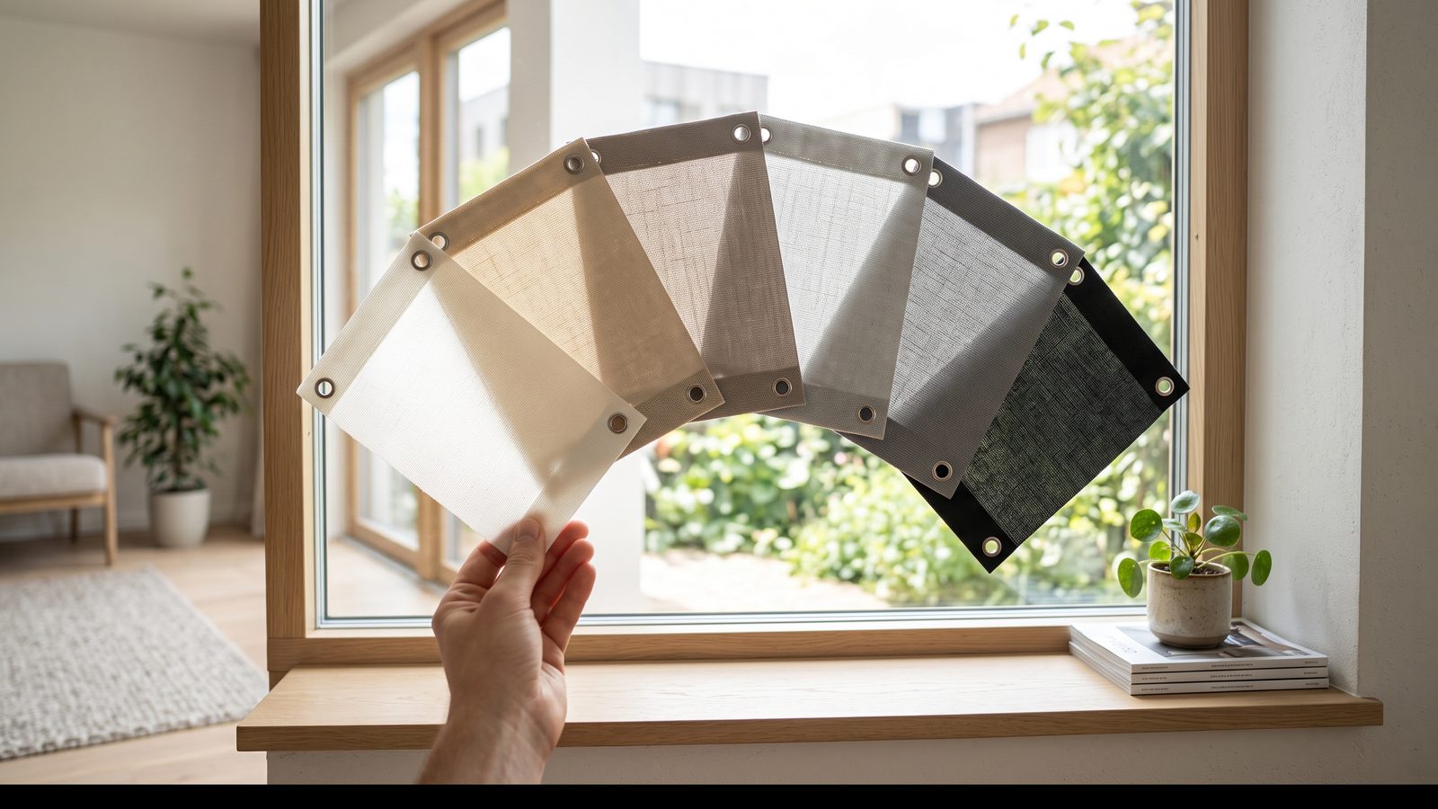 Roller blind fabric swatches from white through sand and taupe to charcoal held against a sunlit window