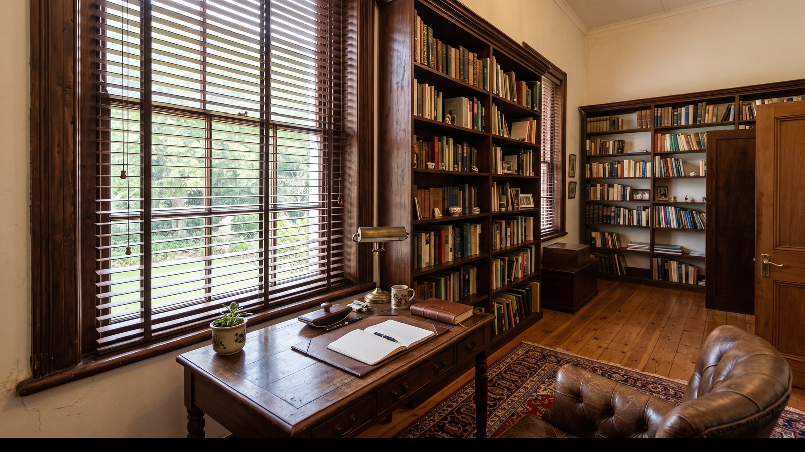 Dark-stained wooden venetian blinds on a tall sash window