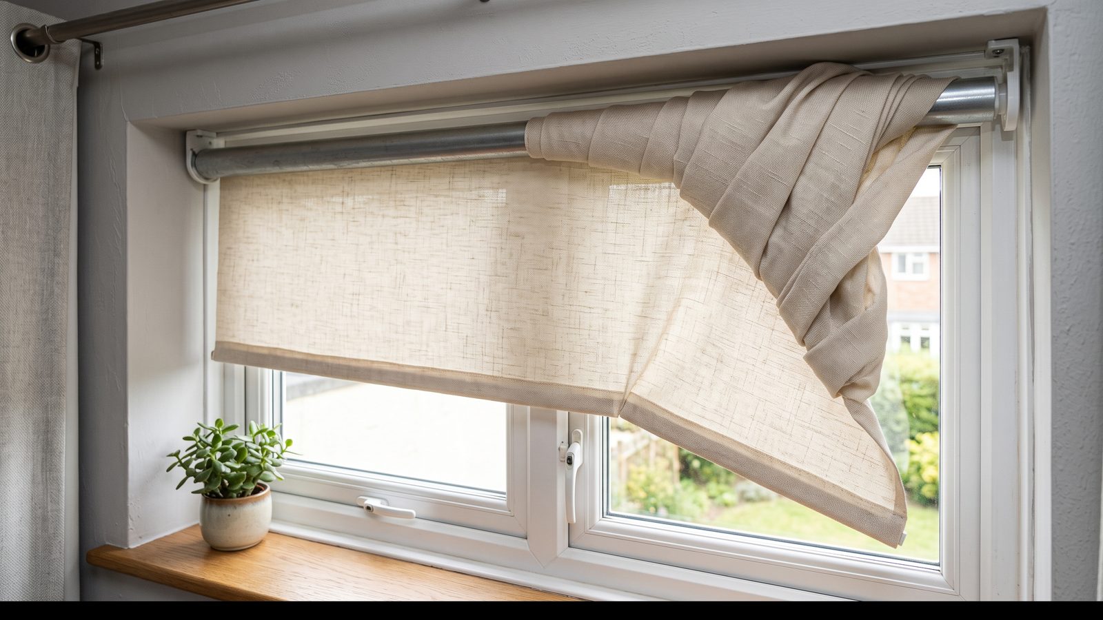 Roller blind fabric telescoping to one side and hanging crooked on its tube