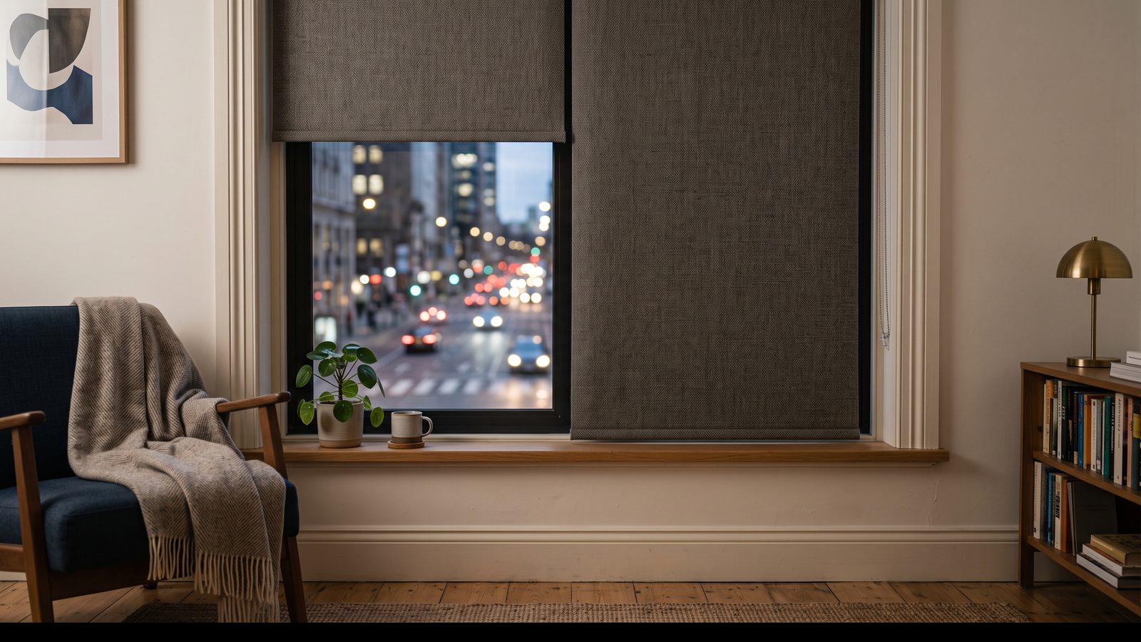 Heavy blockout roller blind fully lowered over an apartment window facing a busy street