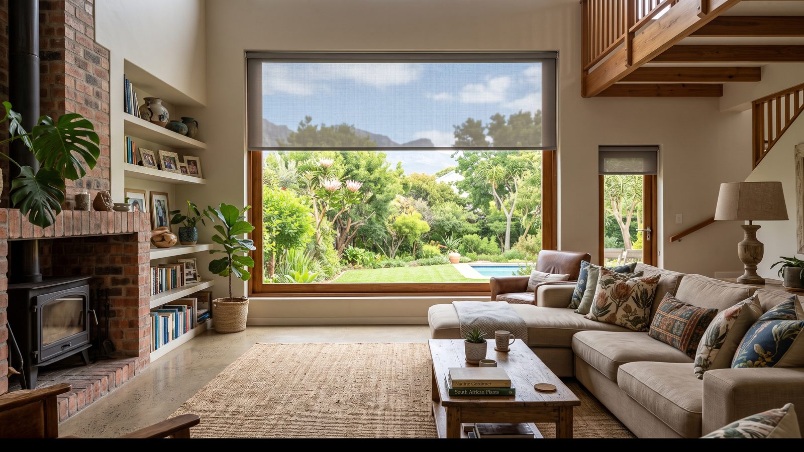 A wide grey sunscreen roller blind on a large picture window with a garden beyond