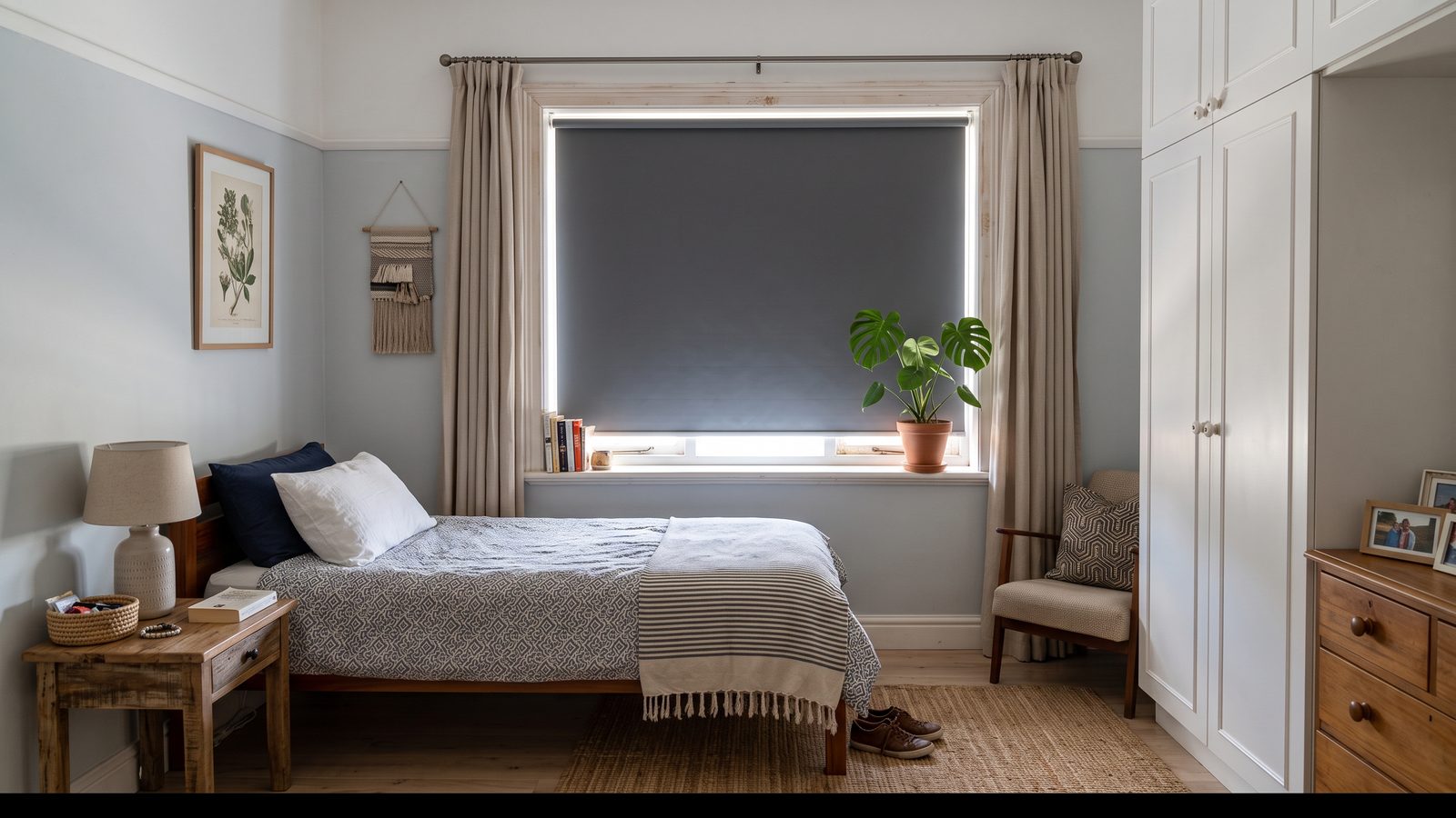 A blockout roller blind fully lowered, a thin line of daylight at its edges