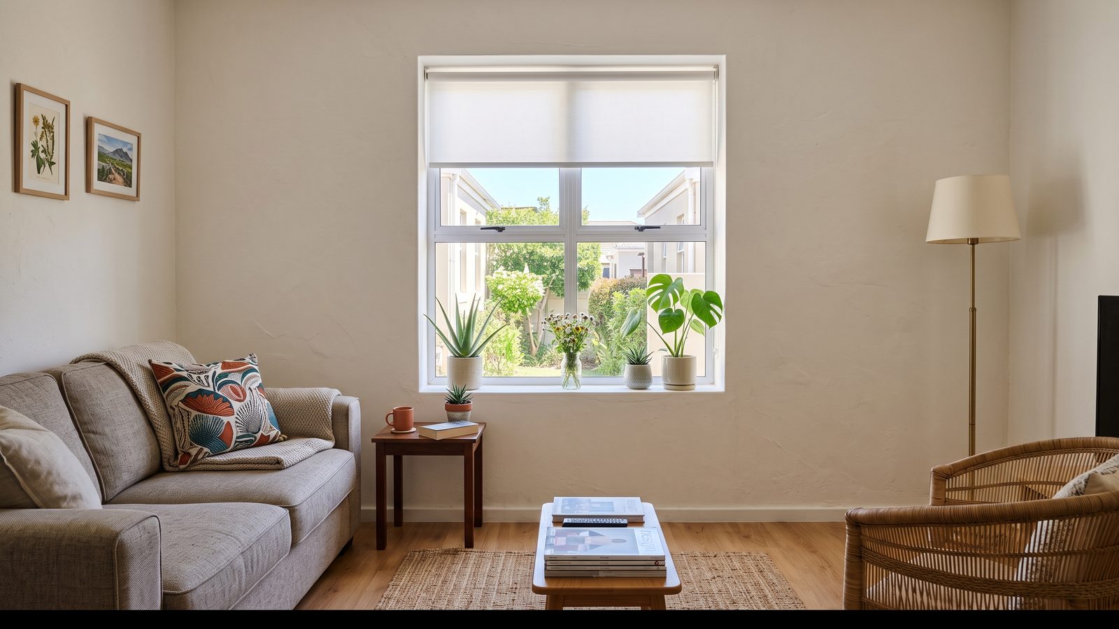 A plain white roller blind neatly fitted inside a square window reveal
