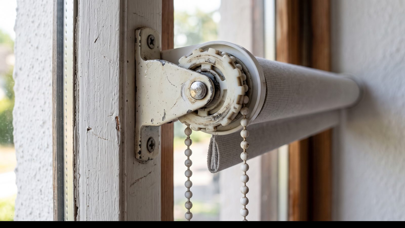 Close-up of a worn roller blind clutch and chain at the end of the headrail