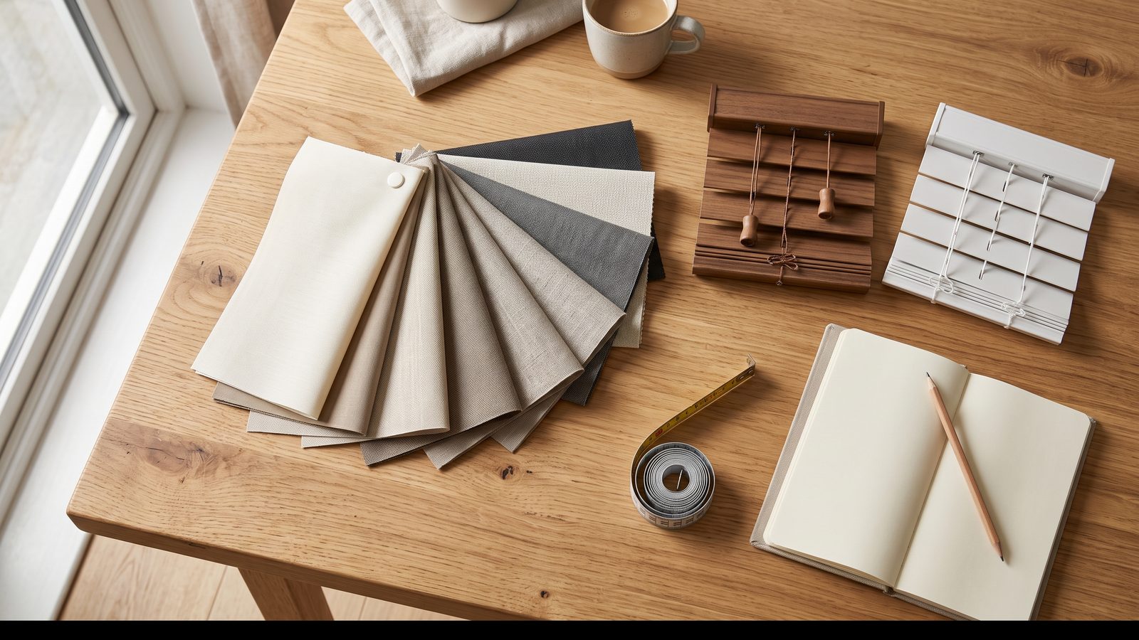 Fan of neutral roller blind fabric swatches, slat samples and a tape measure spread on a table