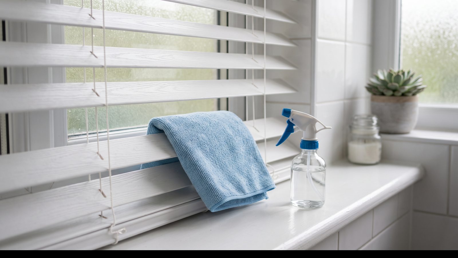 Microfibre cloth resting on white faux-wood venetian slats next to a spray bottle on the sill