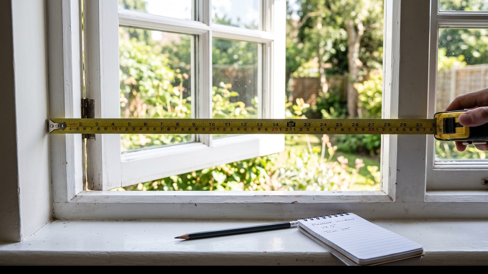 Steel tape measure spanning the inside width of a window reveal, with a notepad on the sill
